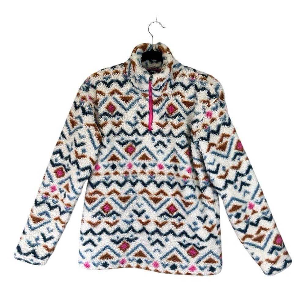 Eddie Bauer Sweater Womens White 1/4 Zip Aztec Pullover Sherpa Fleece XS Mock Ne